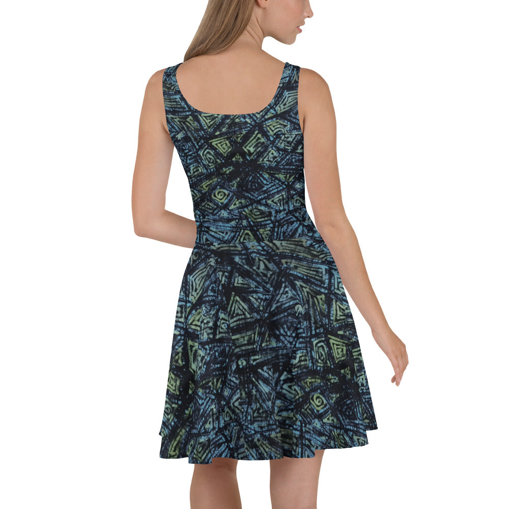 Indigo Green & Turquoise Adire Skater Dress