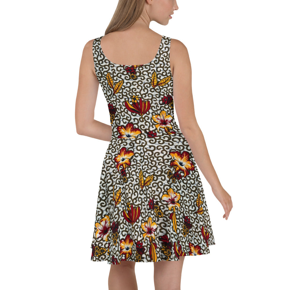 Red White & Yellow Flower Ankara Skater Dress