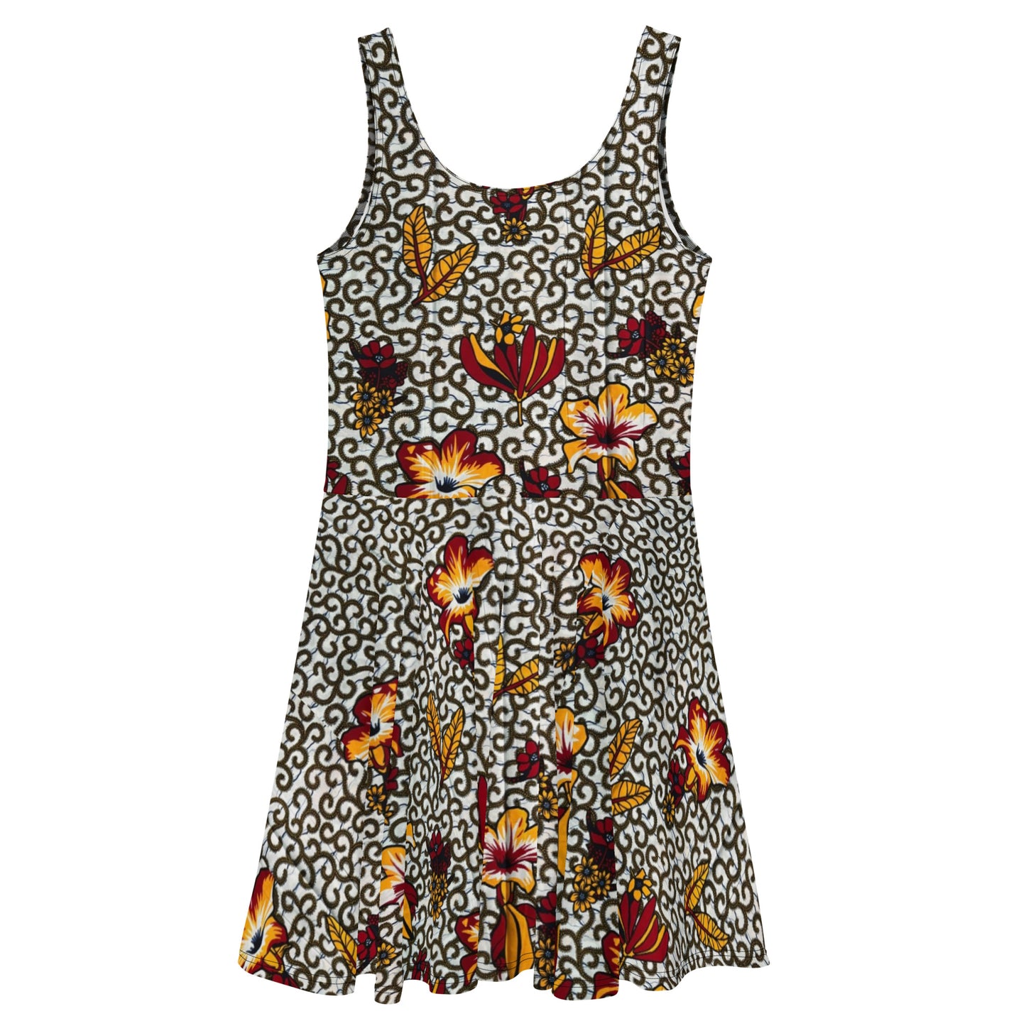 Red White & Yellow Flower Ankara Skater Dress