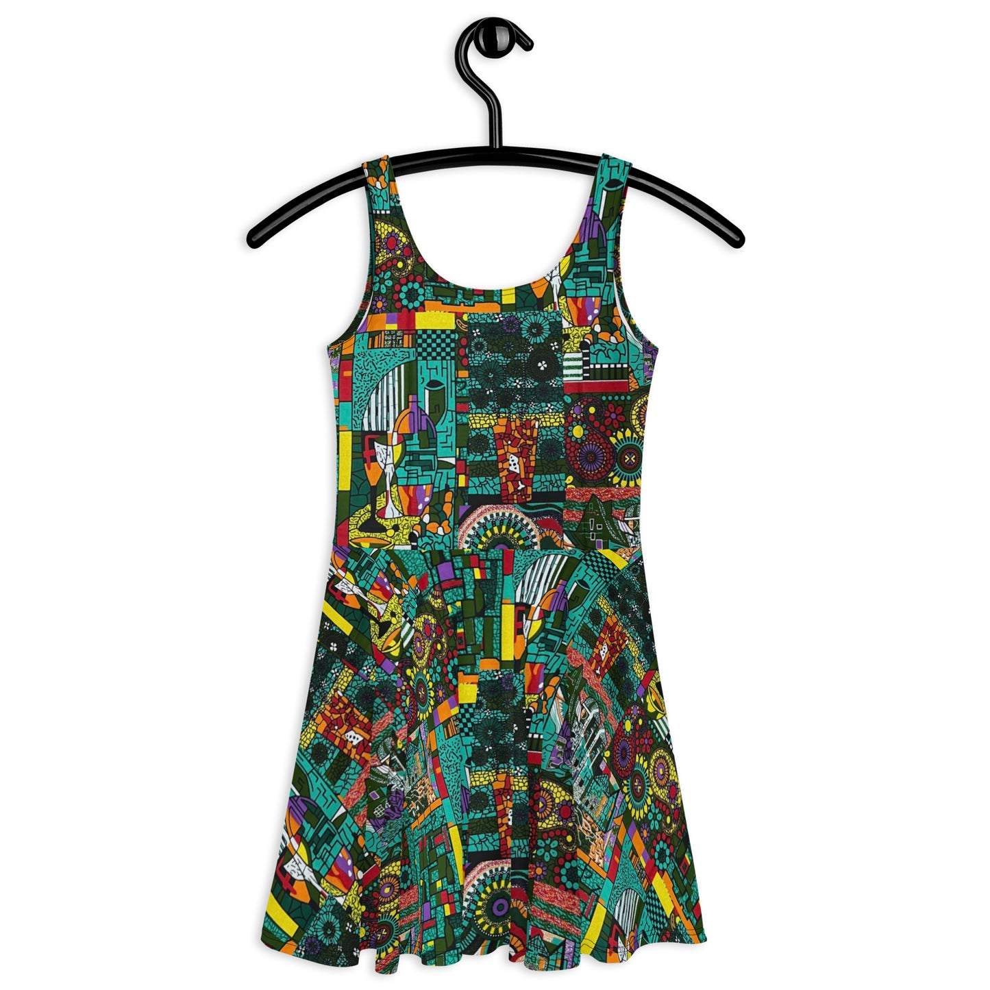 Colourful Green Plants Floral Vase Wine Glass Print Ankara Skater Dress