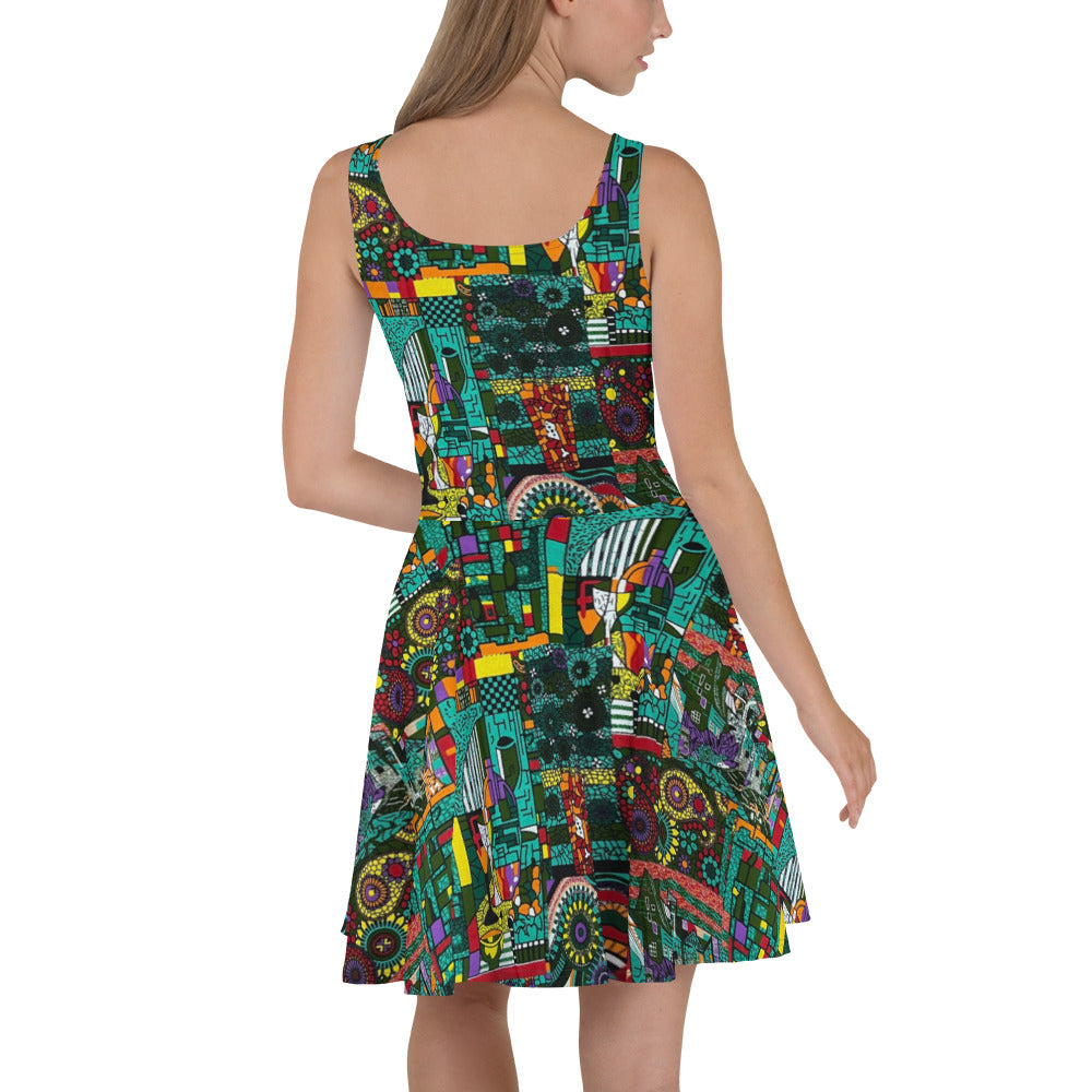 Colourful Green Plants Floral Vase Wine Glass Print Ankara Skater Dress