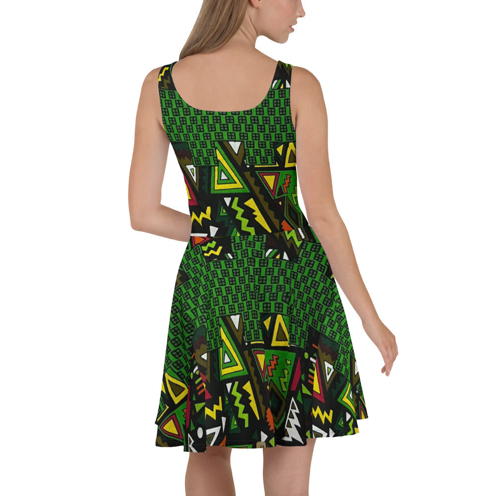 Vibrant Multicolour Green Black Yellow Red Ethnic Ankara Skater Dress