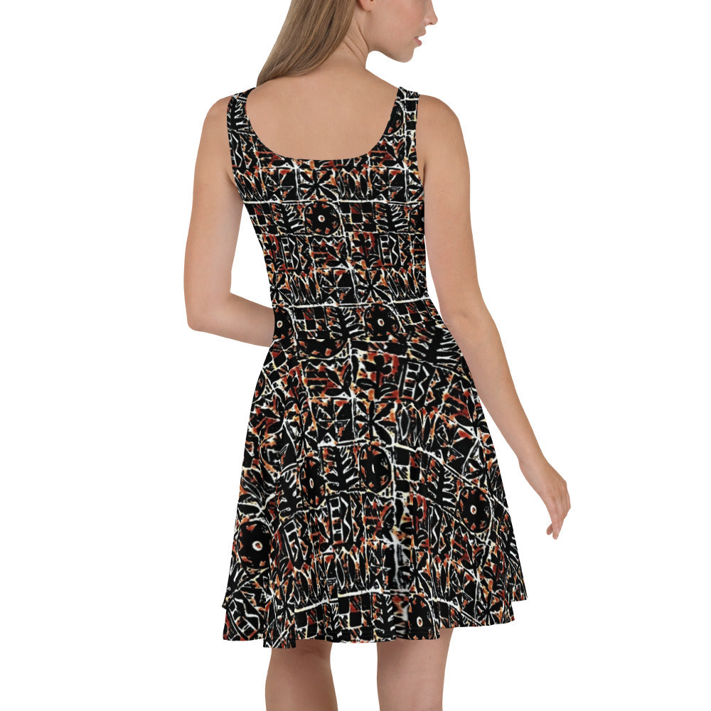 Red Black Abstract Adire Ankara Skater Dress