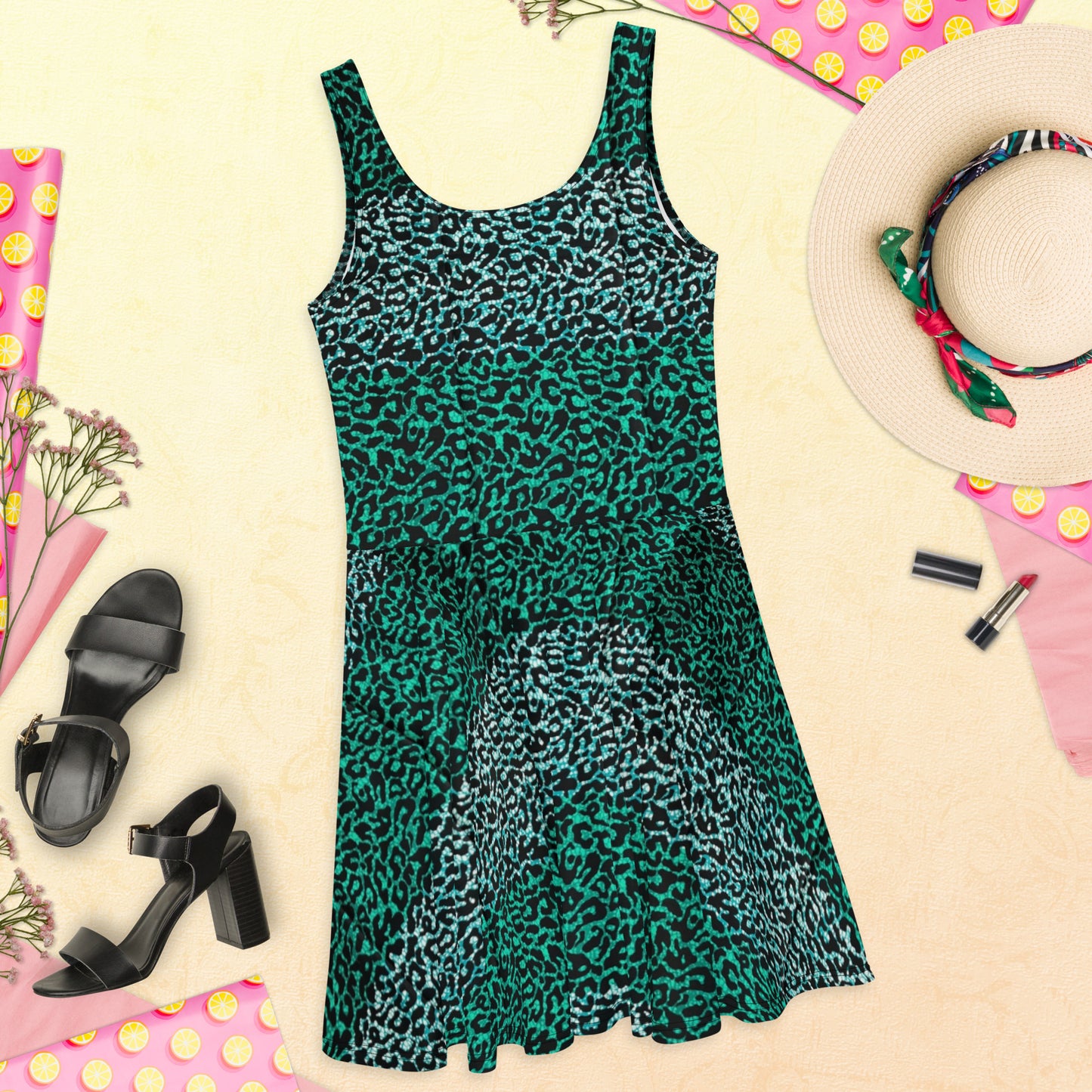 Green Leopard Ankara Skater Dress