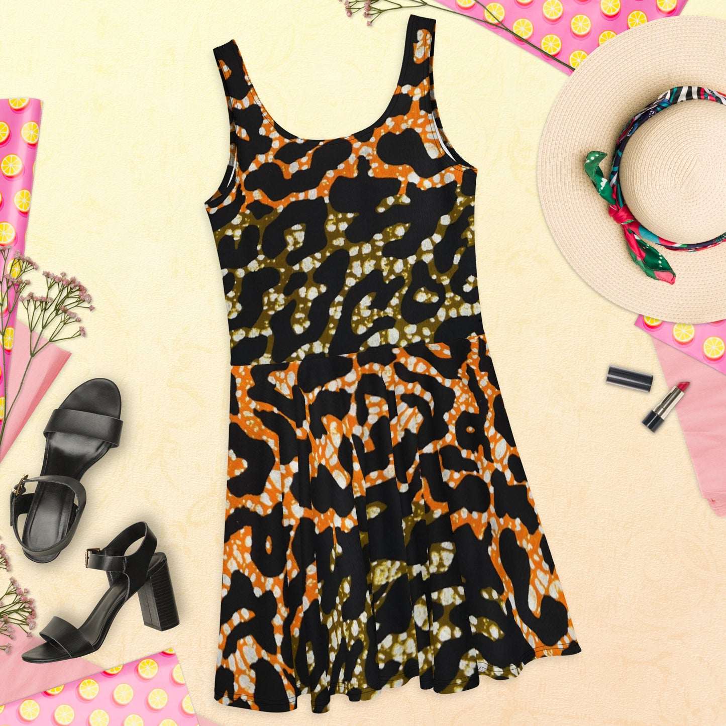 Green Orange Leopard Skater Dress