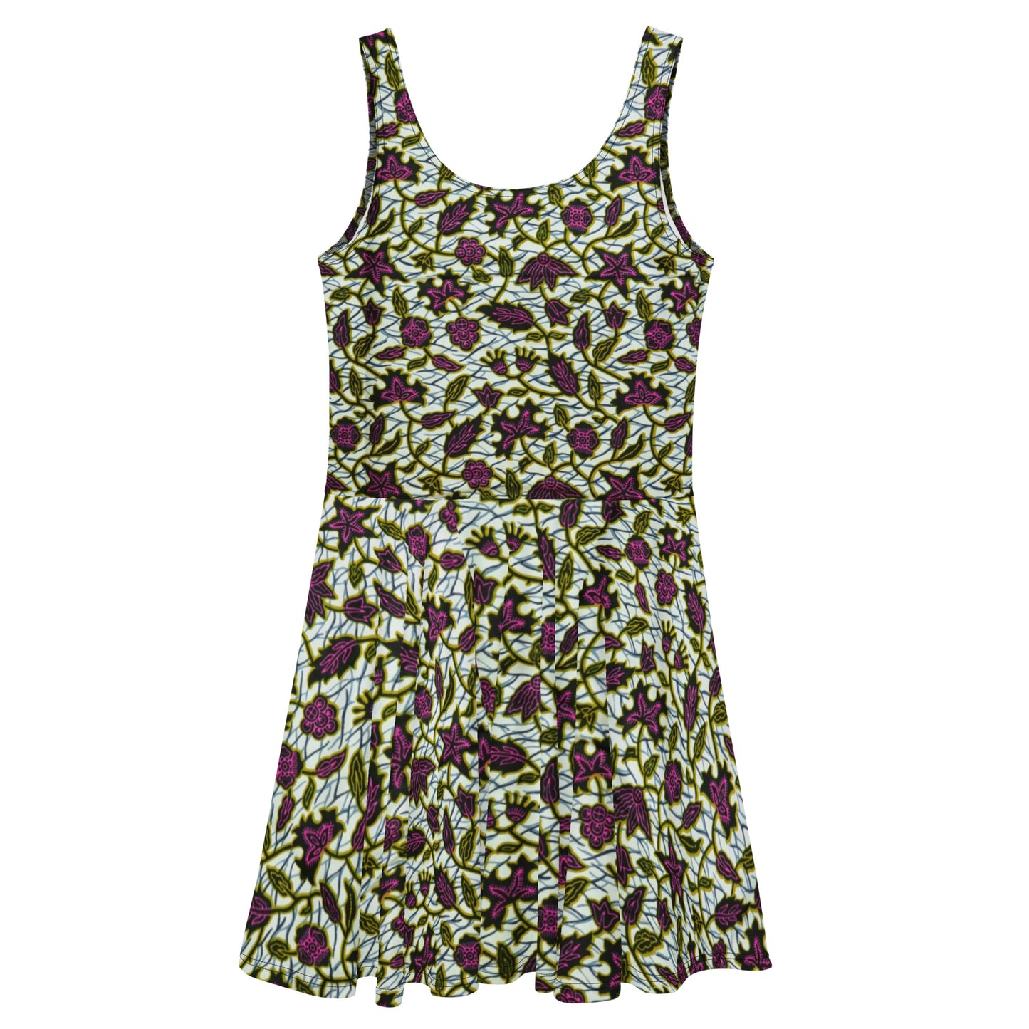 Pink Green Leaves Ankara Skater Dress