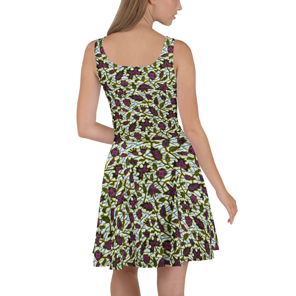 Pink Green Leaves Ankara Skater Dress