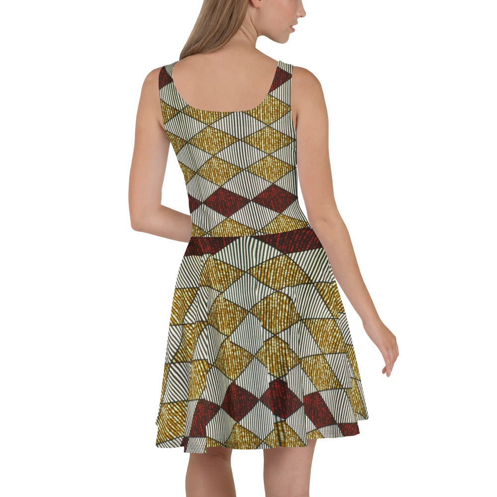 Burgundy Gold Diamond Ankara Skater Dress