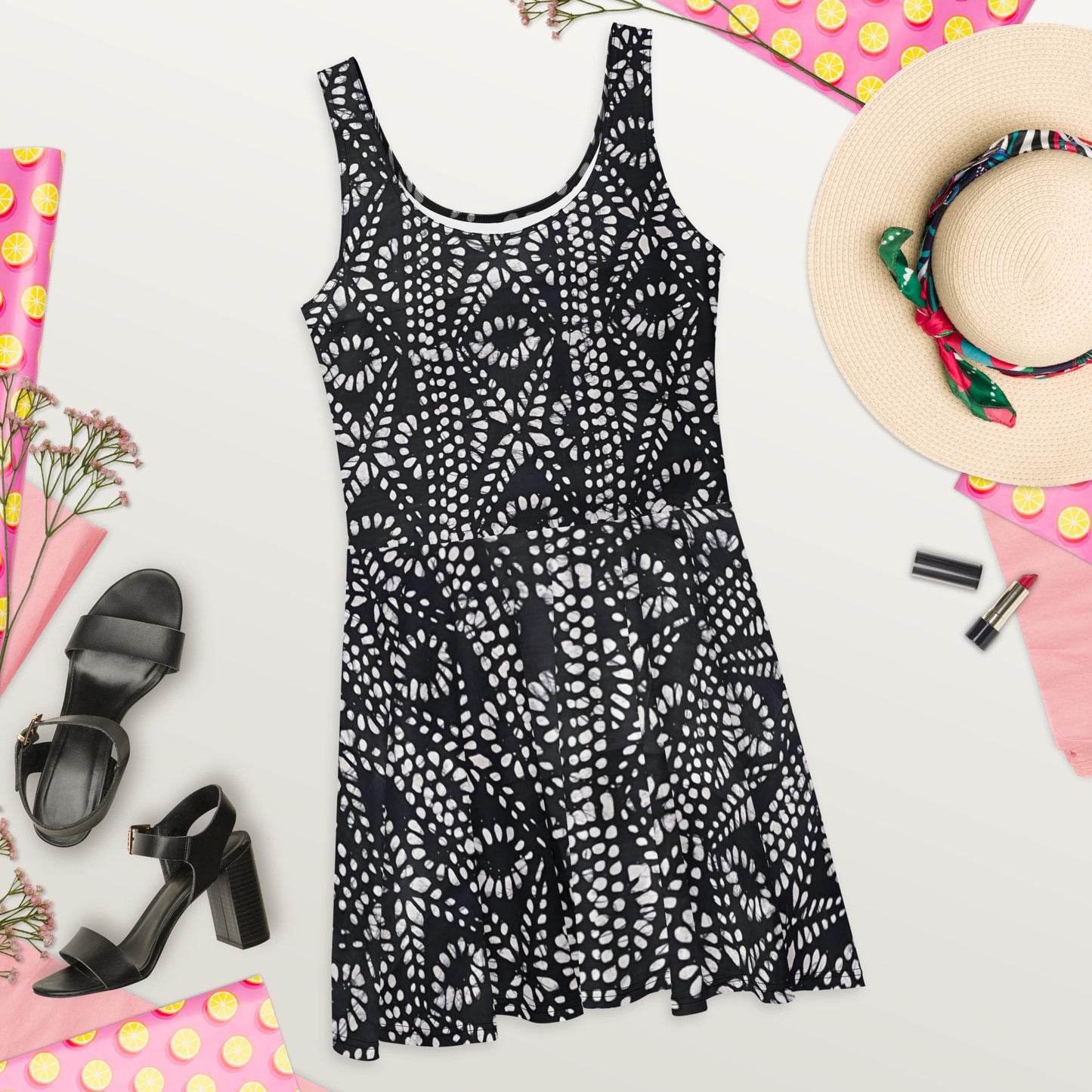 Black & White Aztec Adire Skater Dress