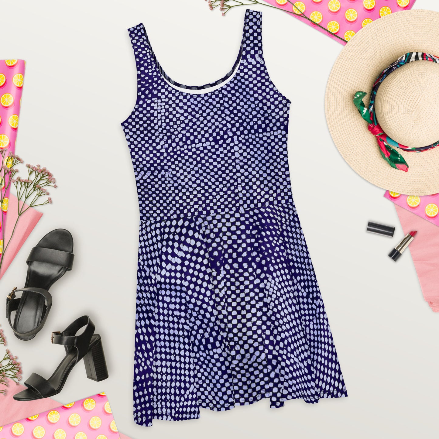 Purple & White Polka Dot Adire Skater Dress