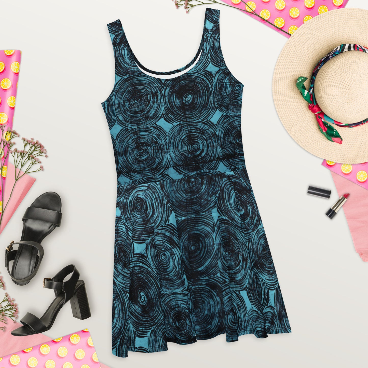 Turquoise & Black Swirls Adire Skater Dress