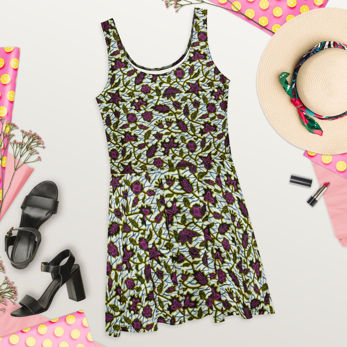 Pink Green Leaves Ankara Skater Dress