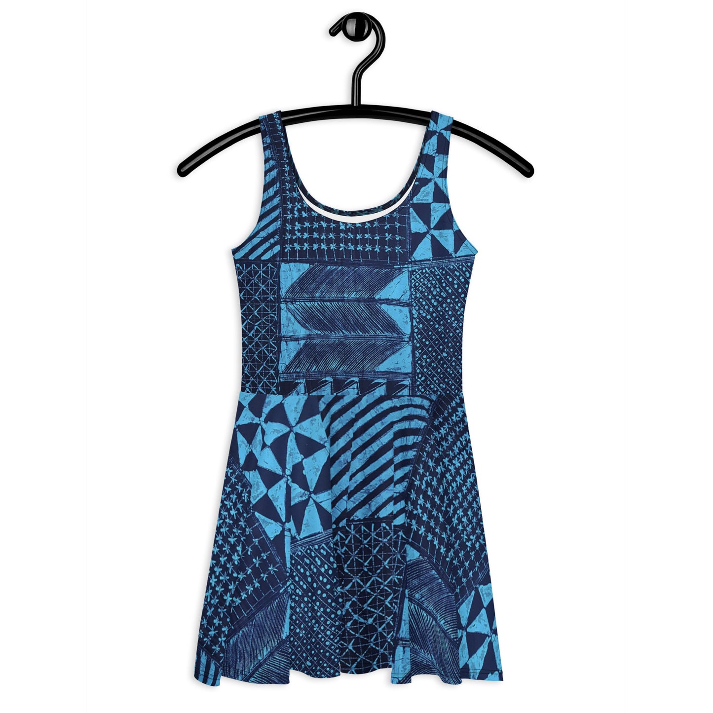 Black And Turquoise Shapes Adire Skater Dress