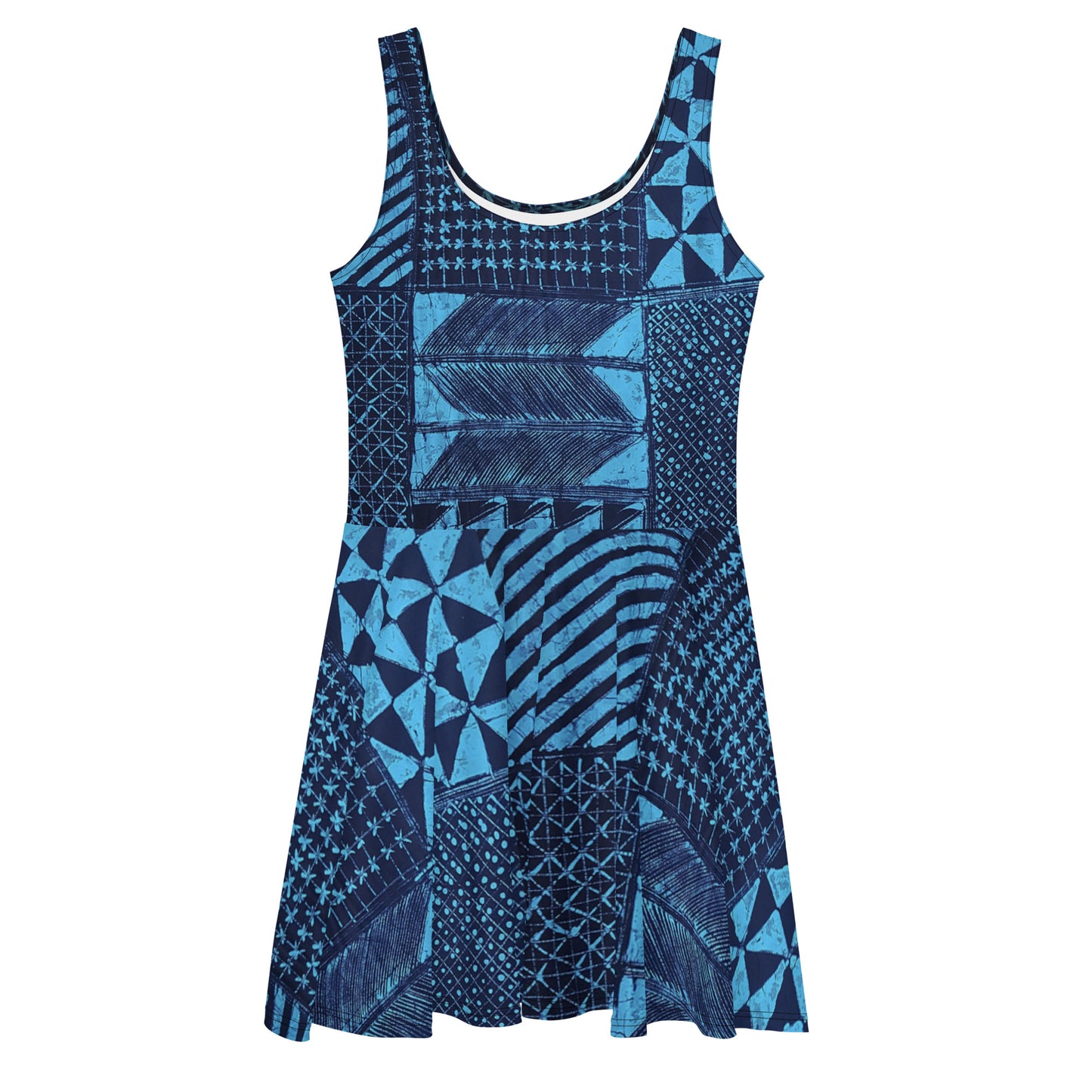 Black And Turquoise Shapes Adire Skater Dress