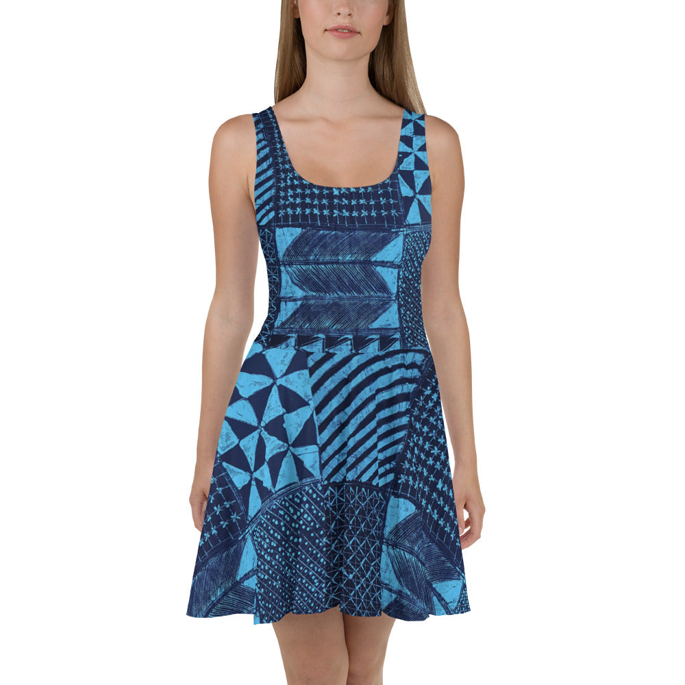 Black And Turquoise Shapes Adire Skater Dress
