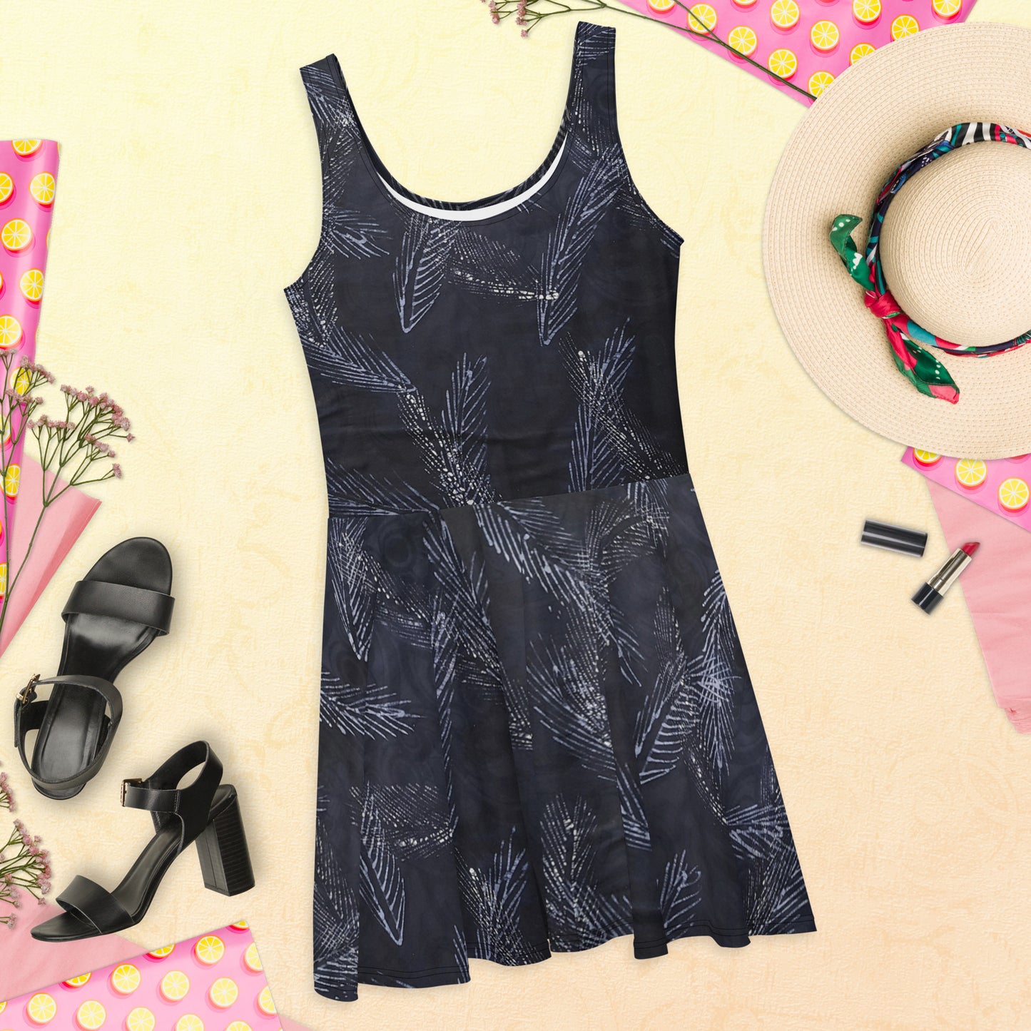 Dark Blue Leaf Adire Skater Dress