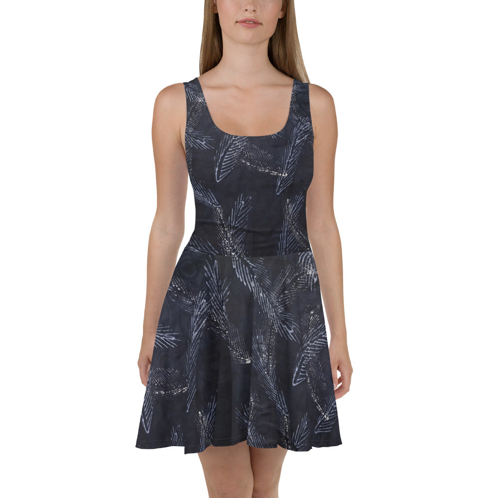 Dark Blue Leaf Adire Skater Dress