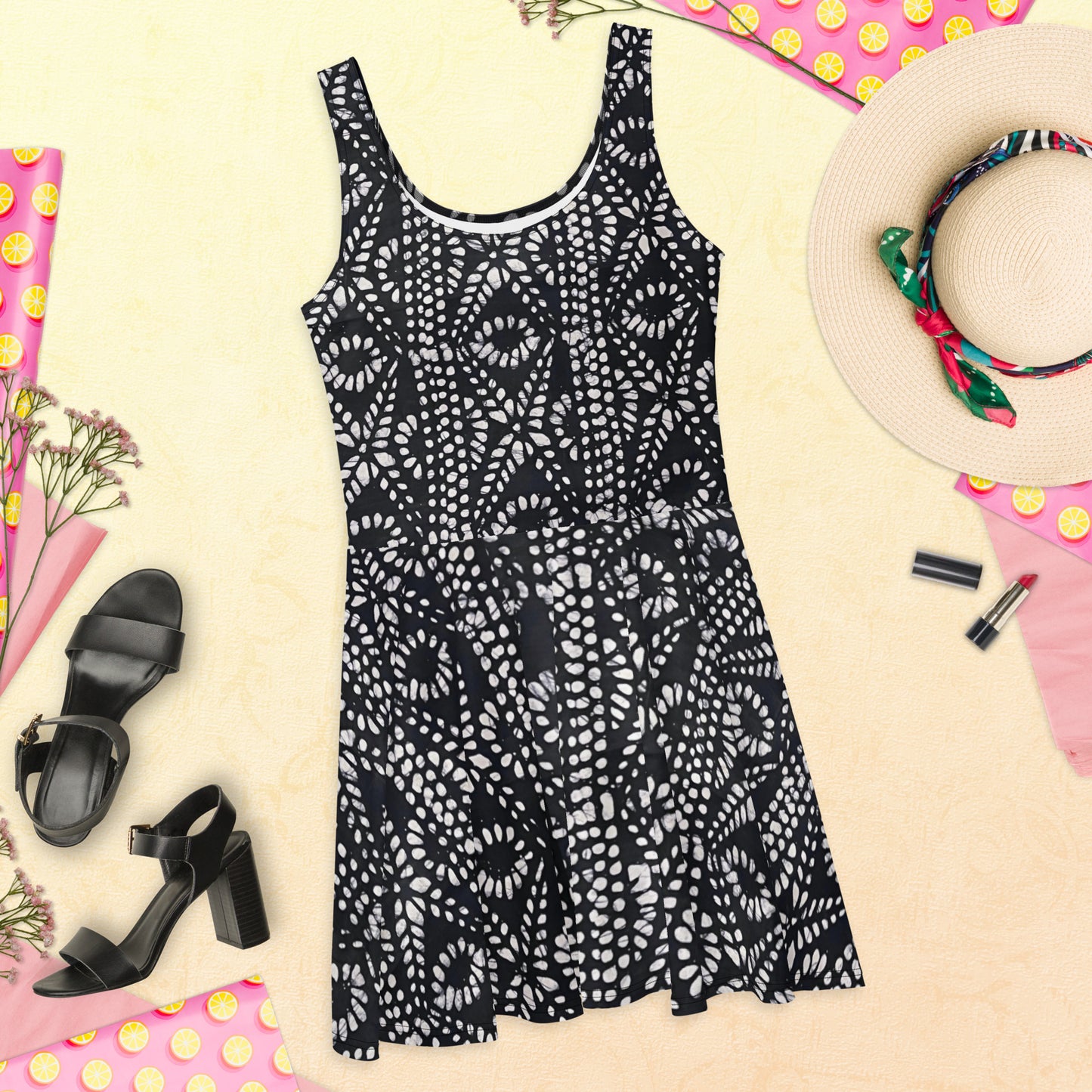 Black & White Aztec Adire Skater Dress