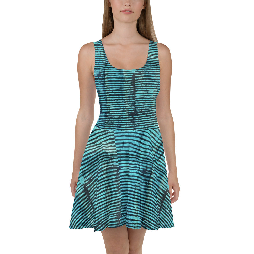 Aqua Black Stripes Adire Skater Dress