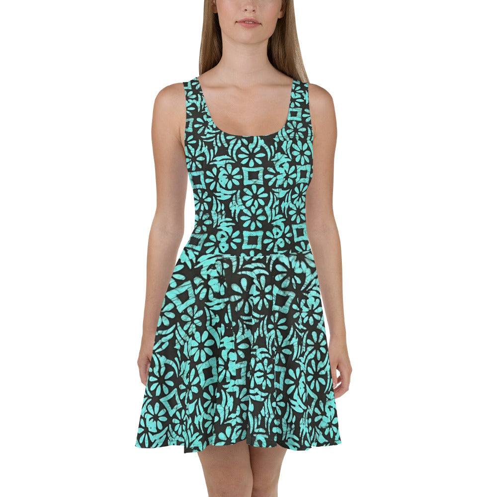 Aqua Abstract Adire Skater Dress