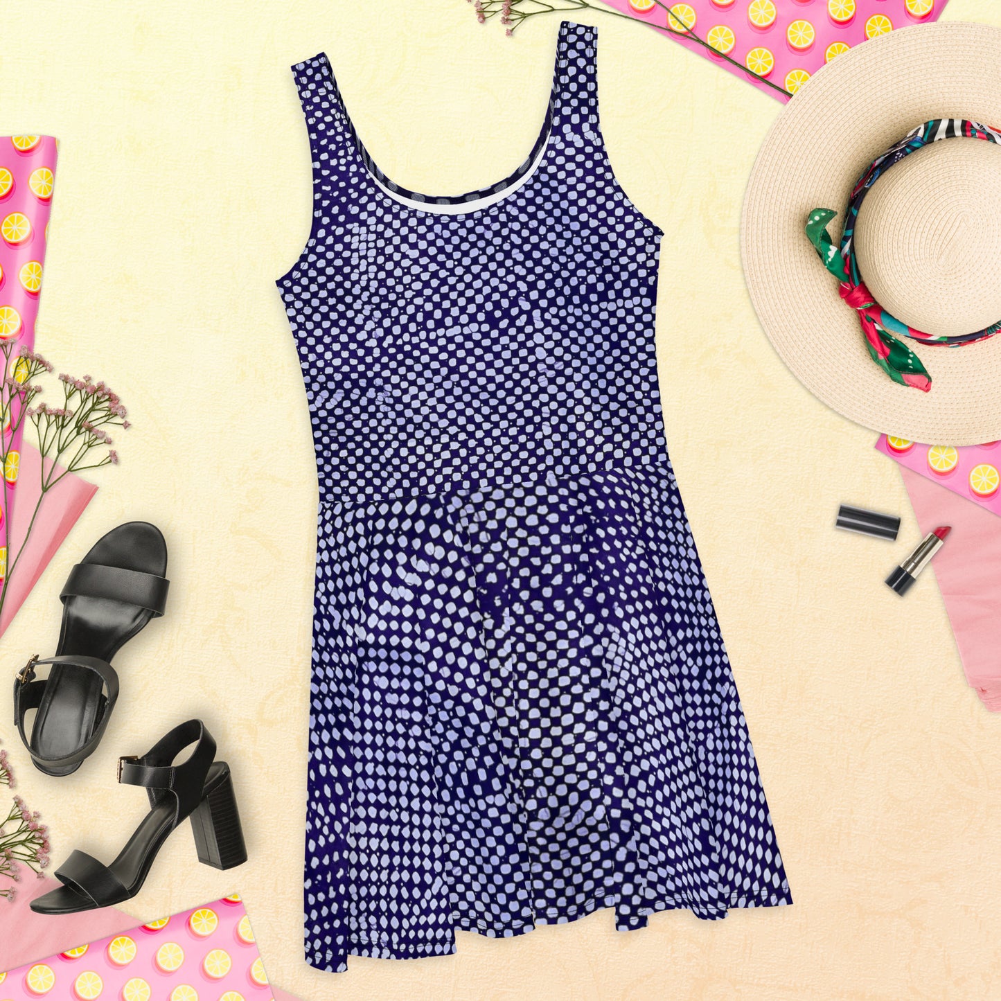 Purple & White Polka Dot Adire Skater Dress