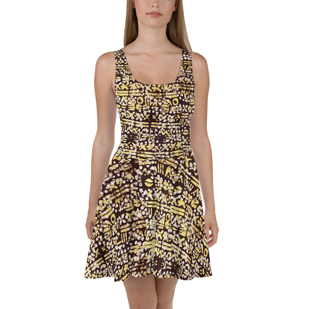 Yellow Brown Noughts & Crosses Adire Skater Dress