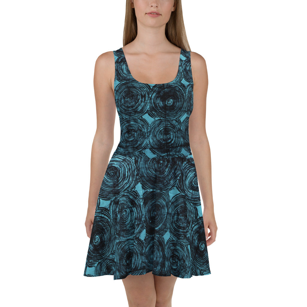 Turquoise & Black Swirls Adire Skater Dress