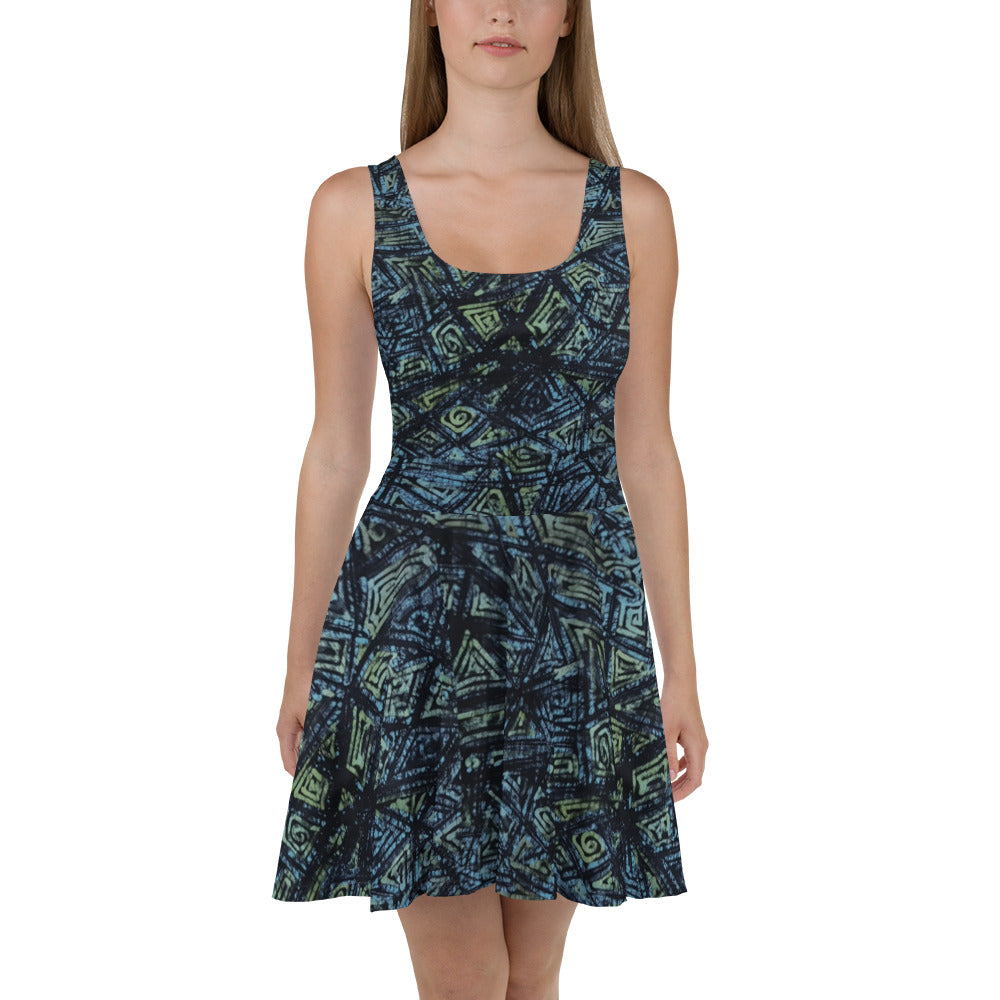 Indigo Green & Turquoise Adire Skater Dress