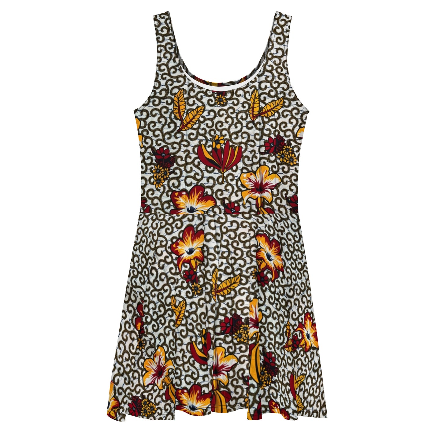 Red White & Yellow Flower Ankara Skater Dress