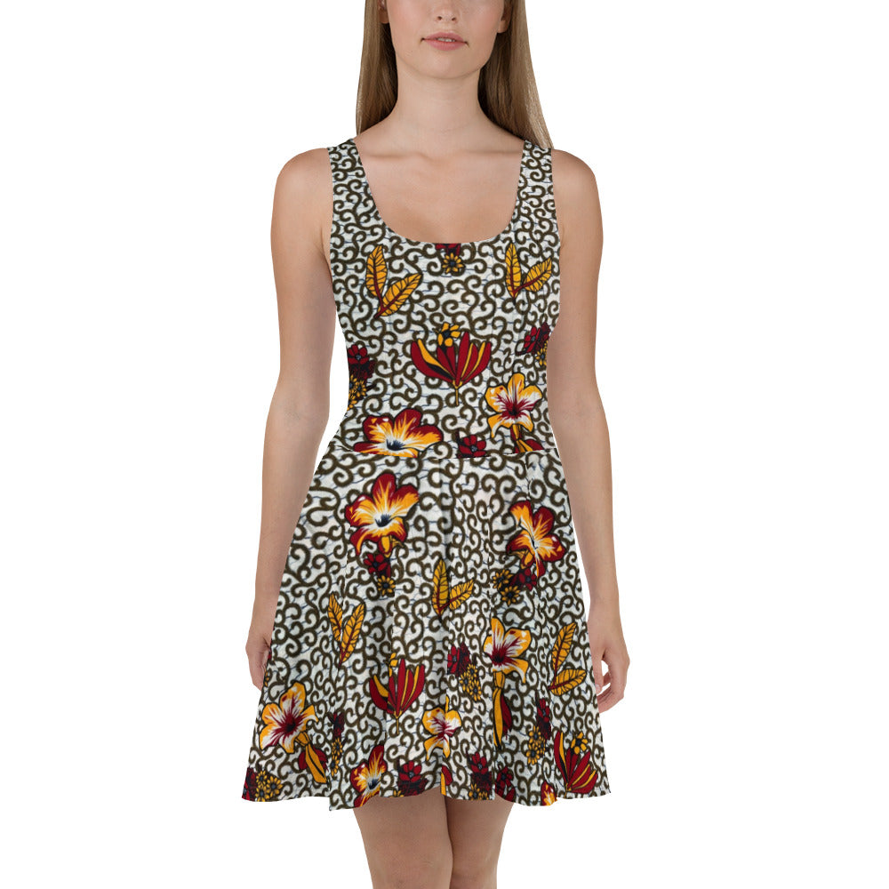 Red White & Yellow Flower Ankara Skater Dress