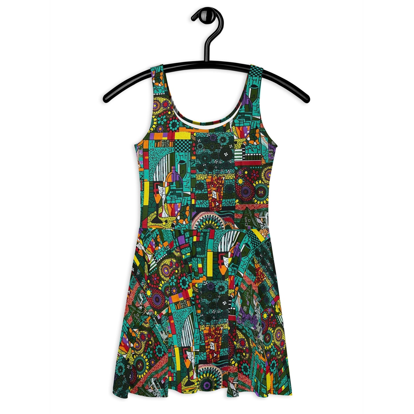 Colourful Green Plants Floral Vase Wine Glass Print Ankara Skater Dress