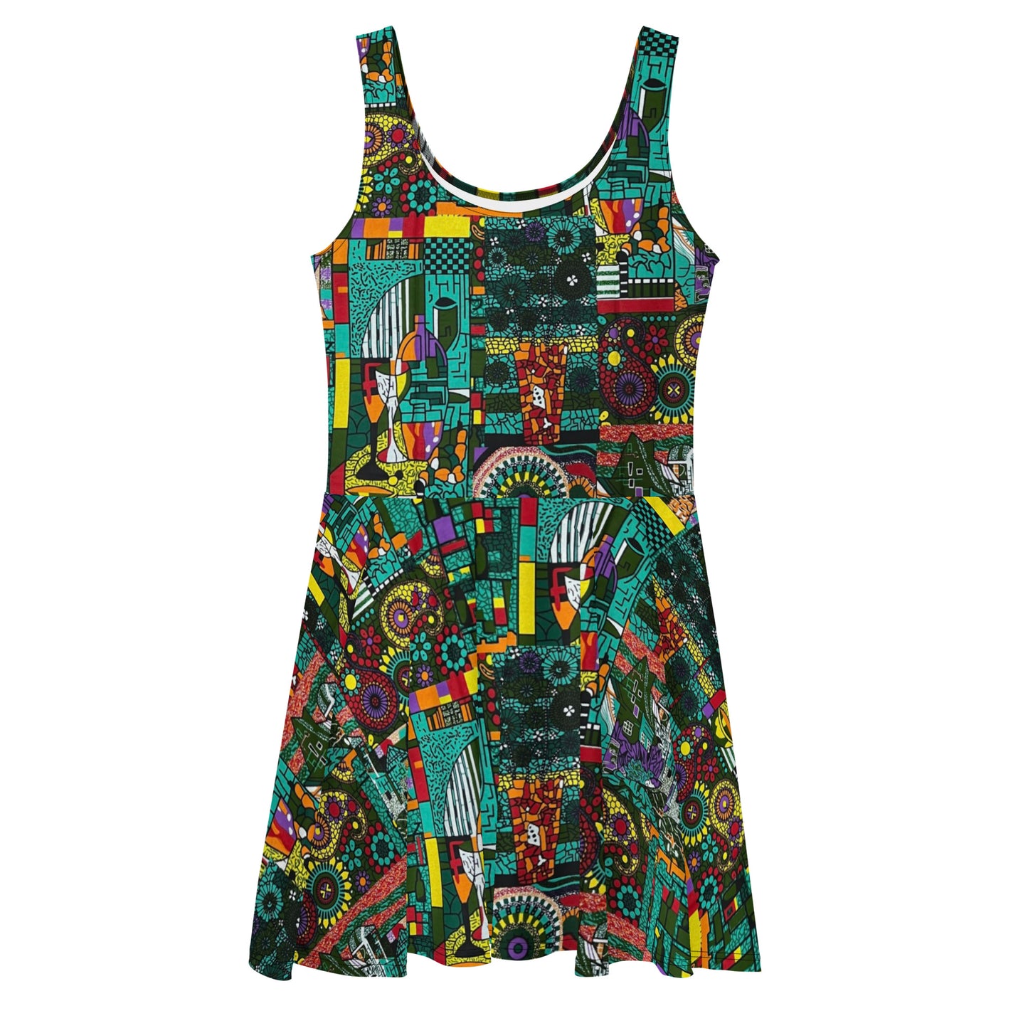 Colourful Green Plants Floral Vase Wine Glass Print Ankara Skater Dress