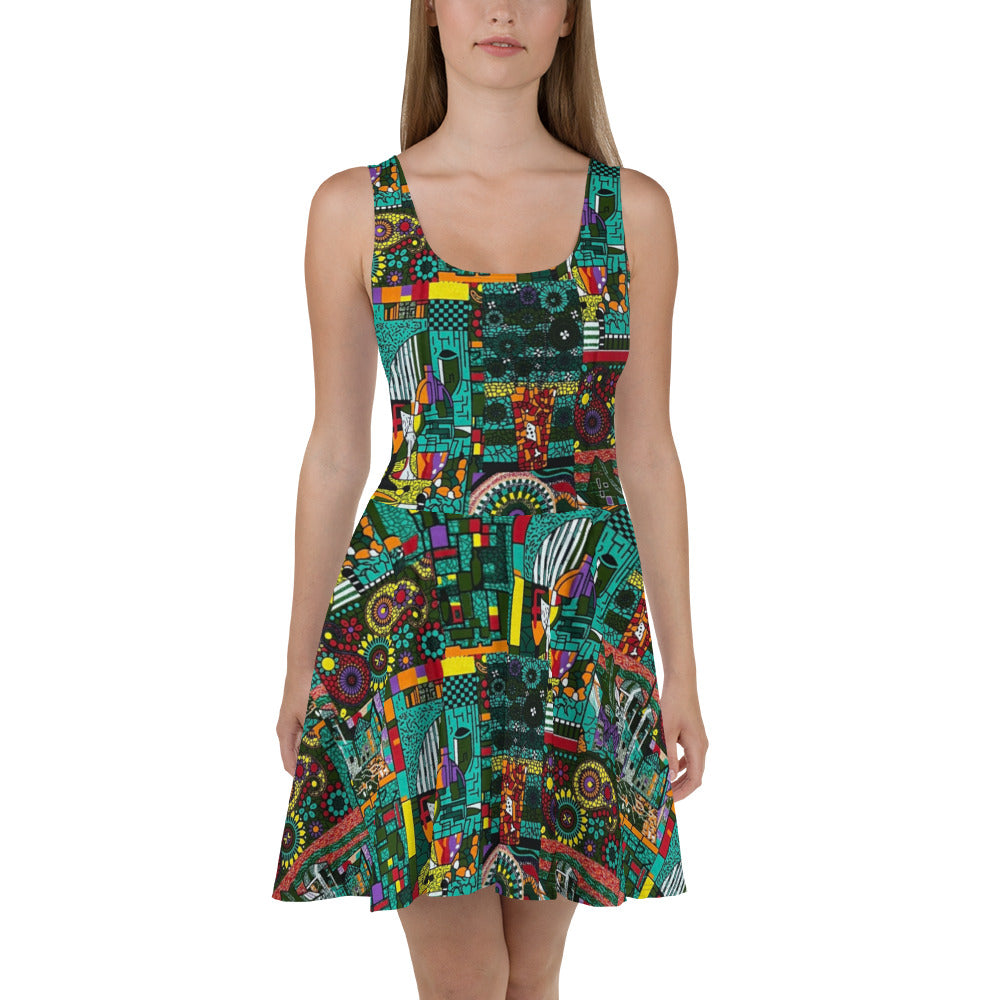 Colourful Green Plants Floral Vase Wine Glass Print Ankara Skater Dress