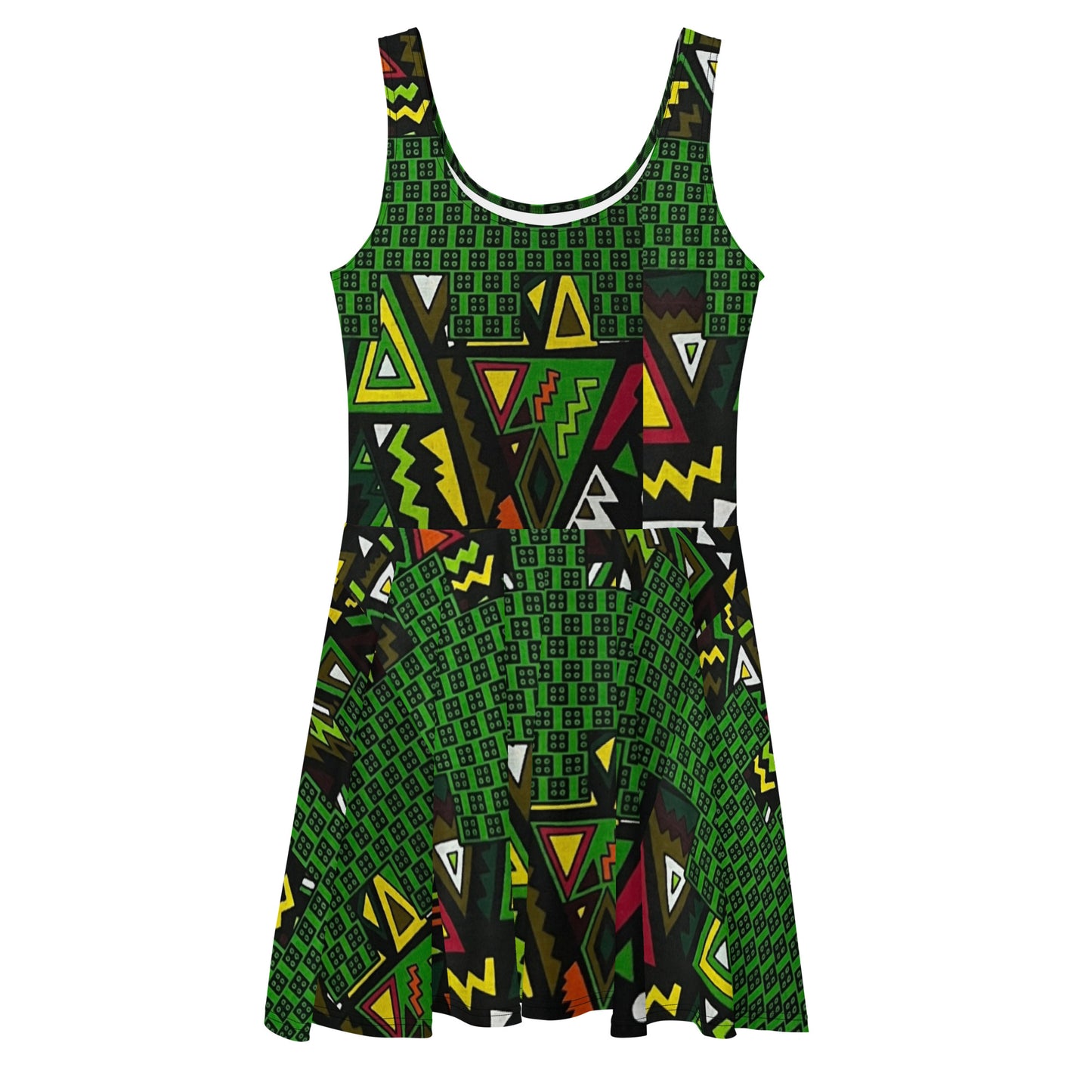 Vibrant Multicolour Green Black Yellow Red Ethnic Ankara Skater Dress