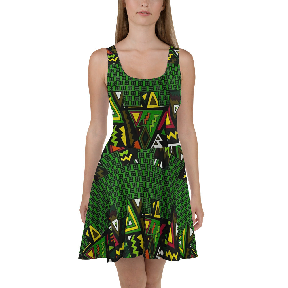 Vibrant Multicolour Green Black Yellow Red Ethnic Ankara Skater Dress