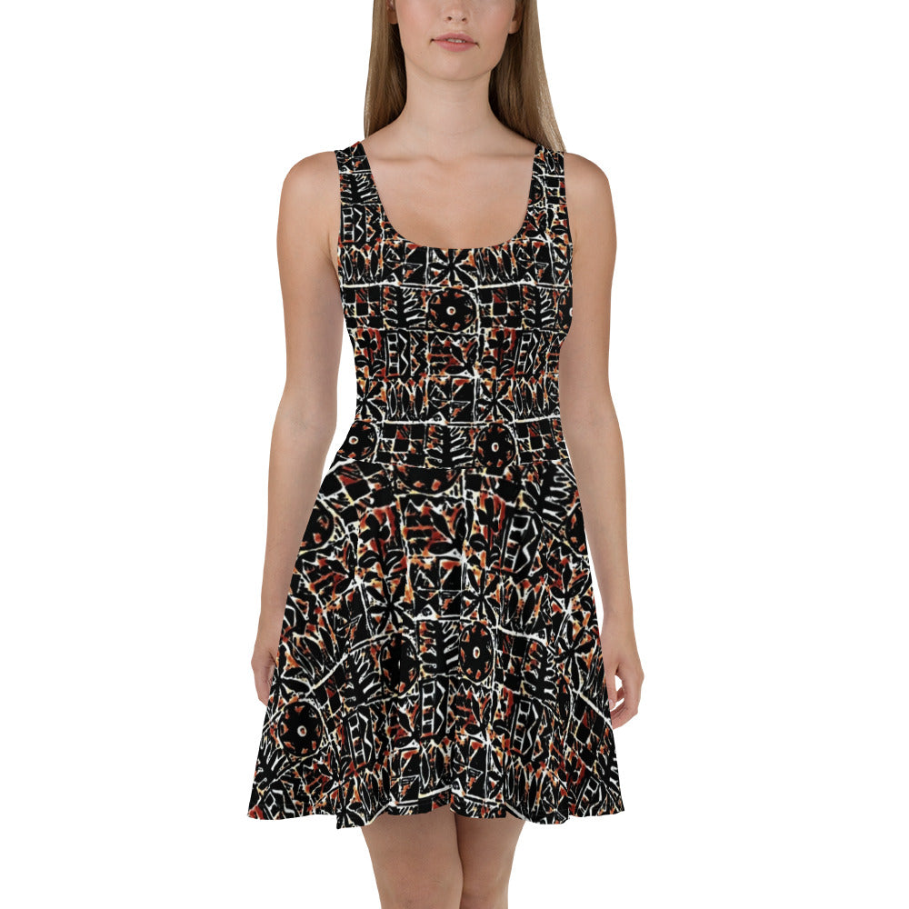 Red Black Abstract Adire Ankara Skater Dress