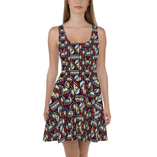 Red Cream Black White Bogolan Ankara Skater Dress