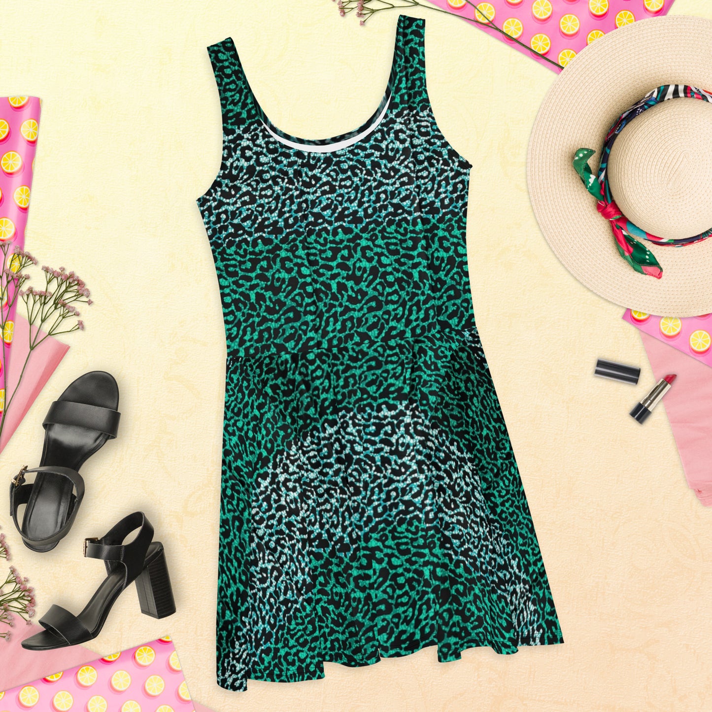 Green Leopard Ankara Skater Dress