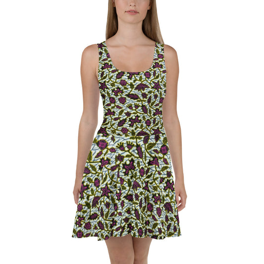 Pink Green Leaves Ankara Skater Dress