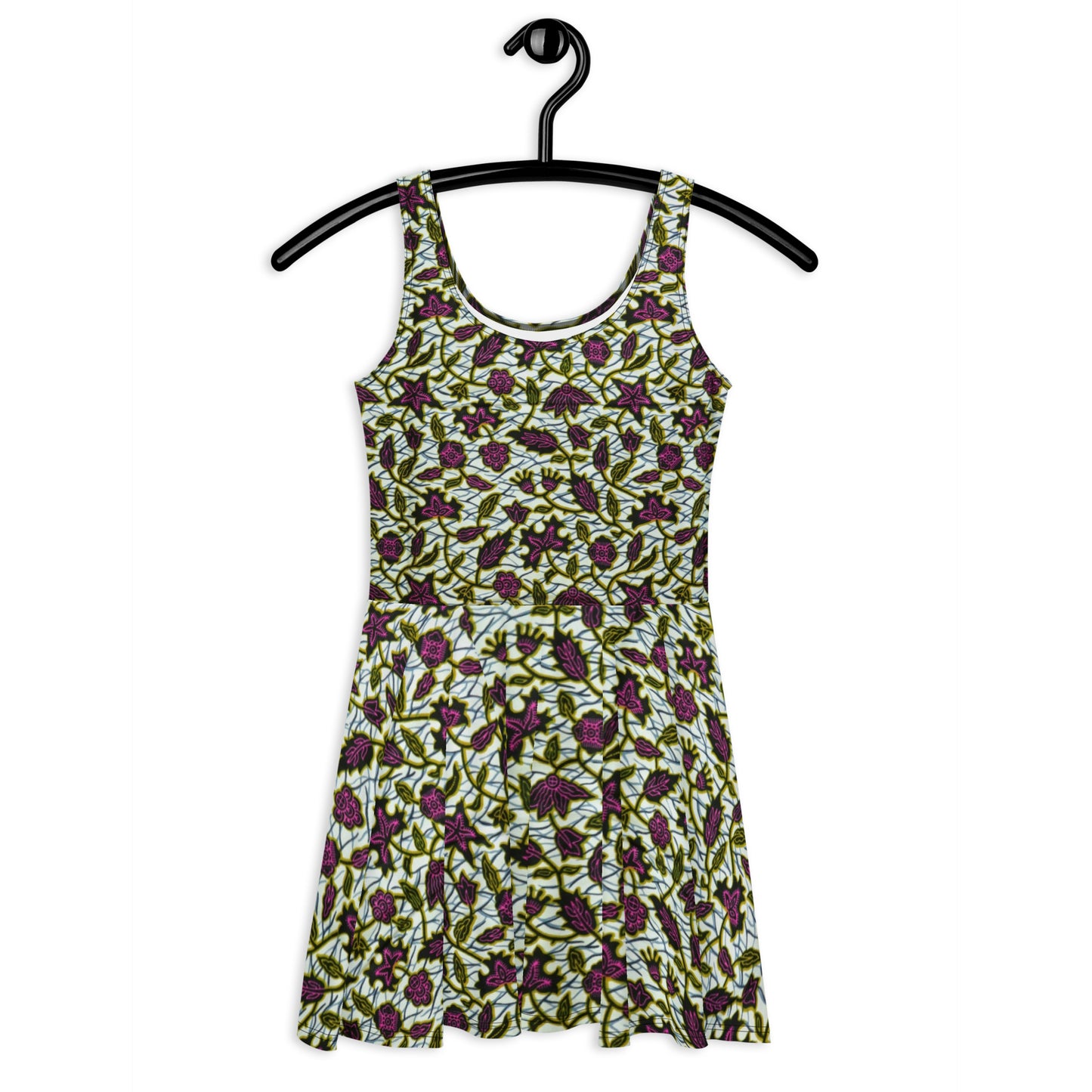 Pink Green Leaves Ankara Skater Dress