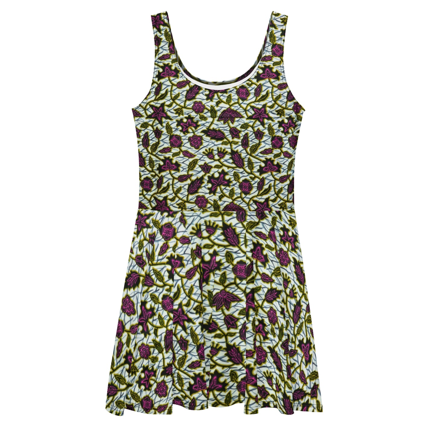 Pink Green Leaves Ankara Skater Dress