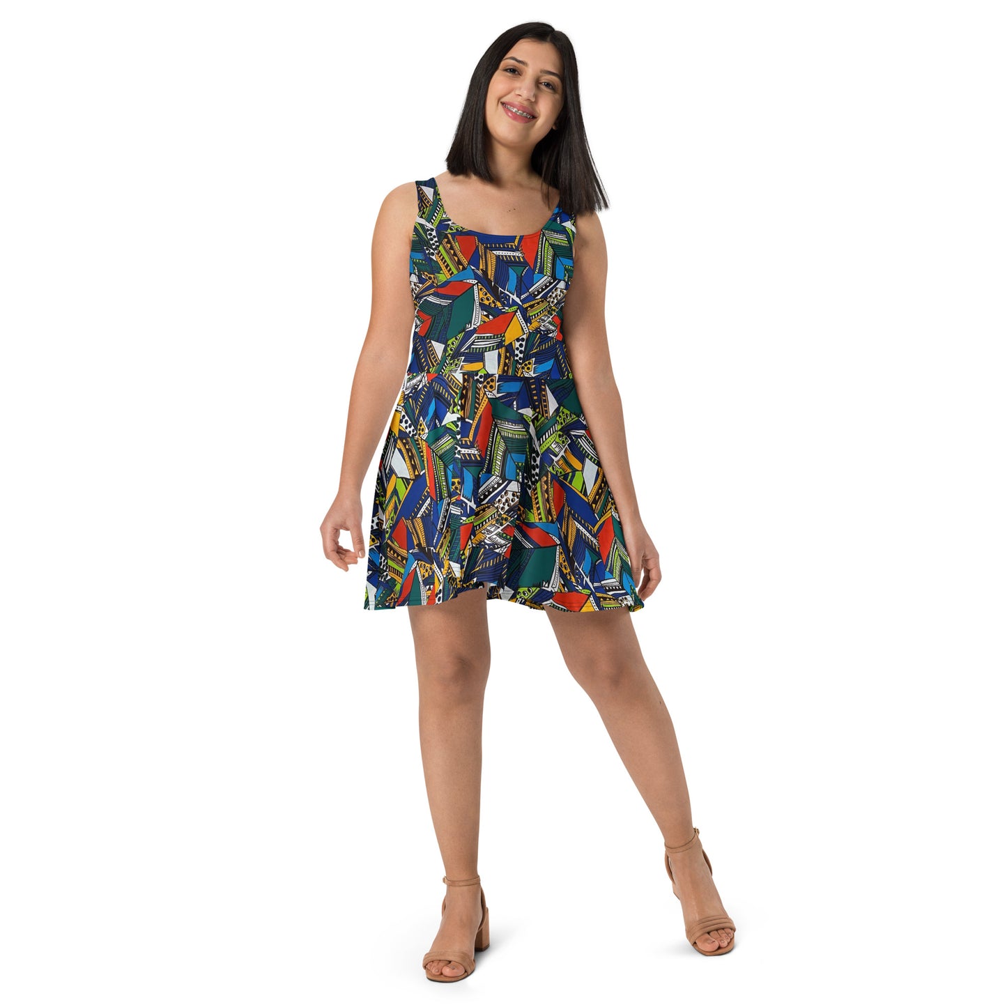 Multicolour Shapes Ankara Skater Dress