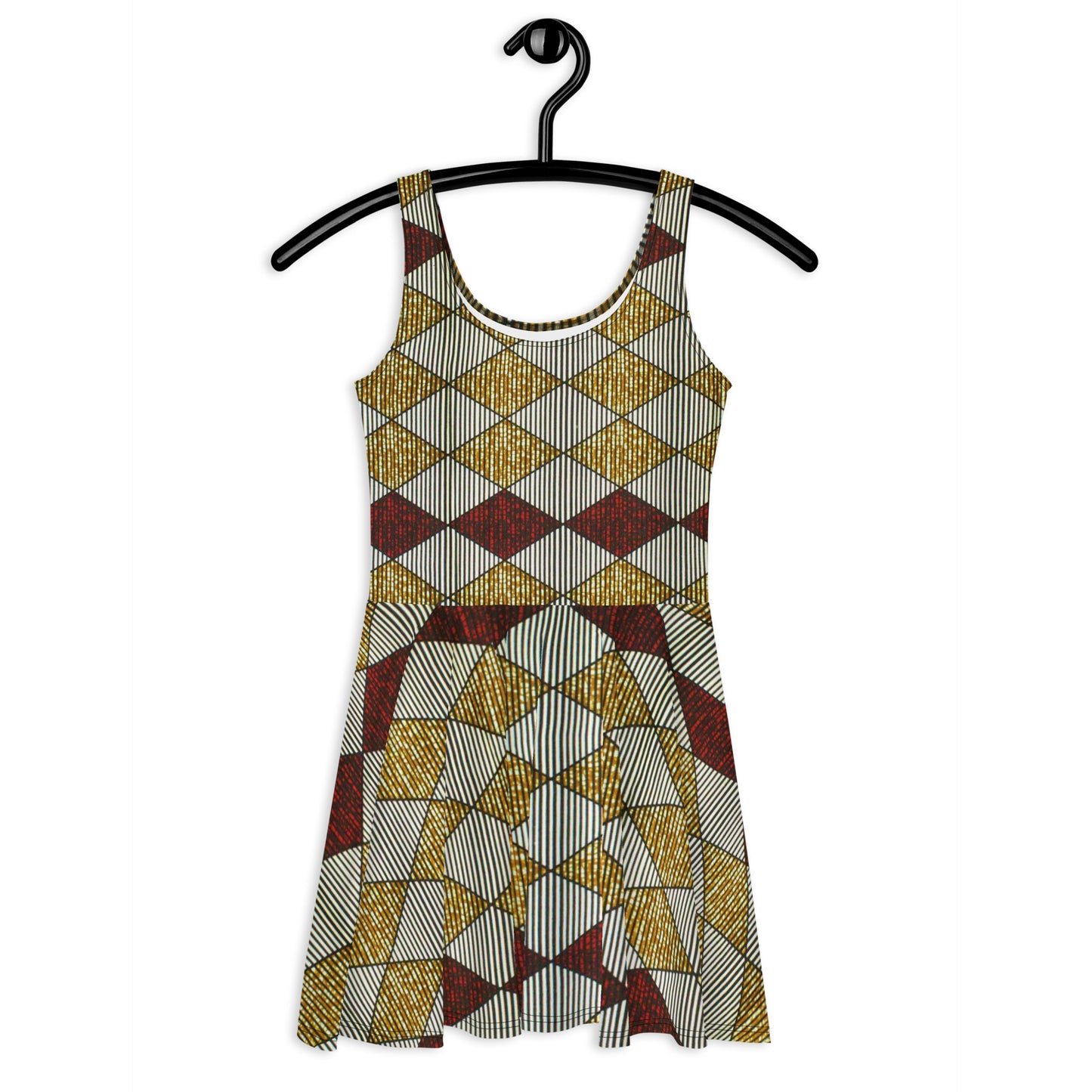 Burgundy Gold Diamond Ankara Skater Dress