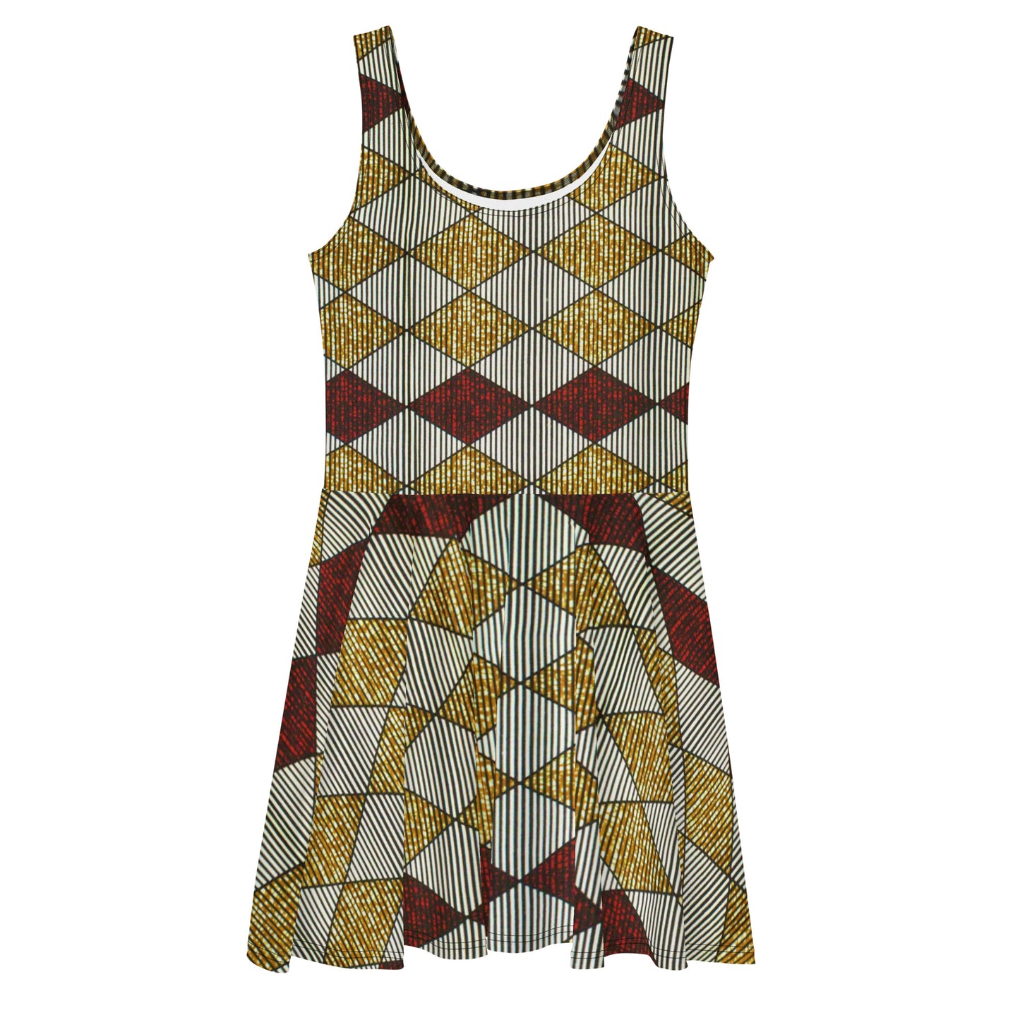 Burgundy Gold Diamond Ankara Skater Dress