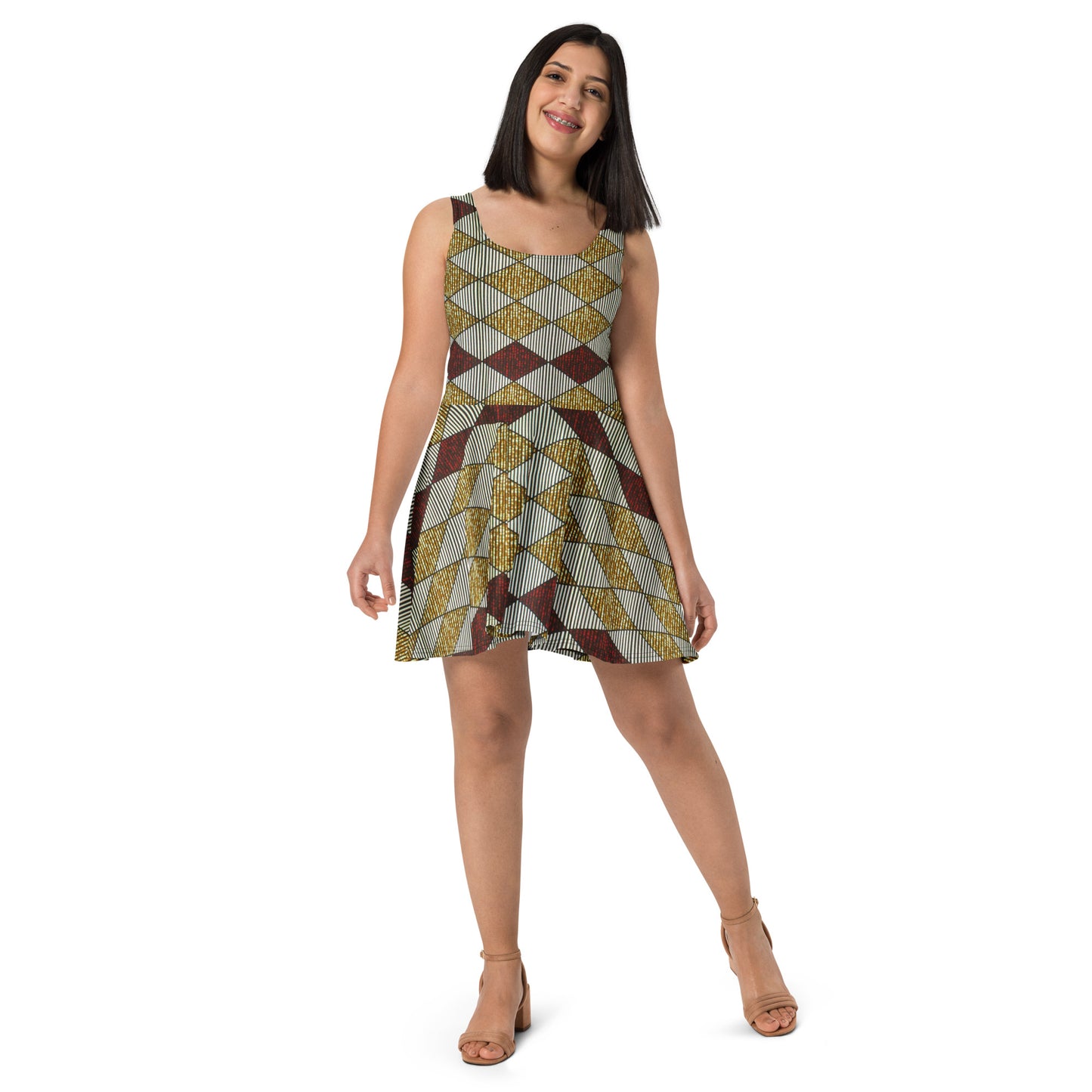 Burgundy Gold Diamond Ankara Skater Dress