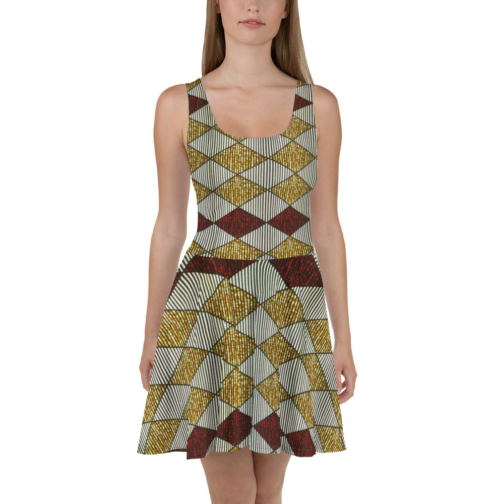 Burgundy Gold Diamond Ankara Skater Dress