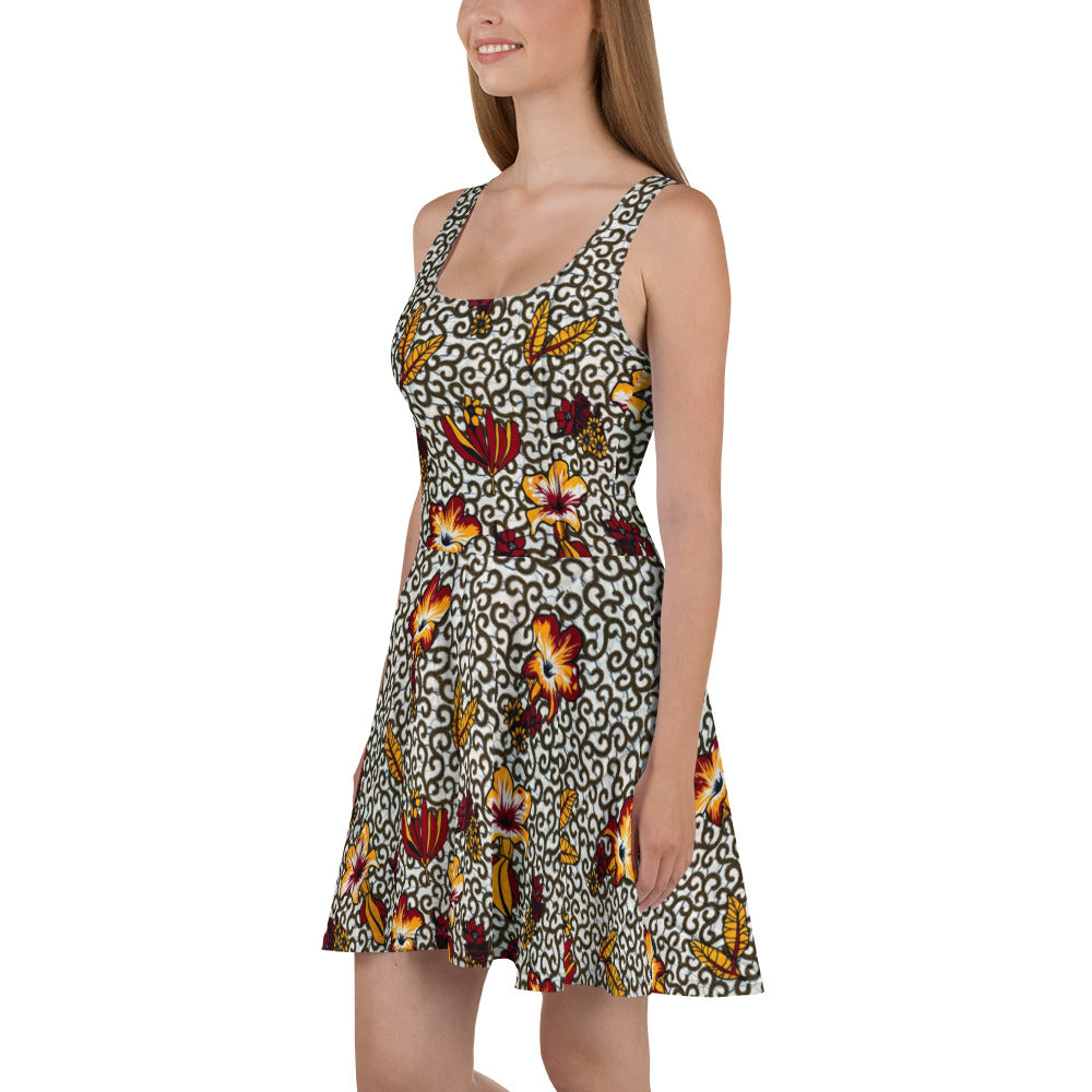 Red White & Yellow Flower Ankara Skater Dress