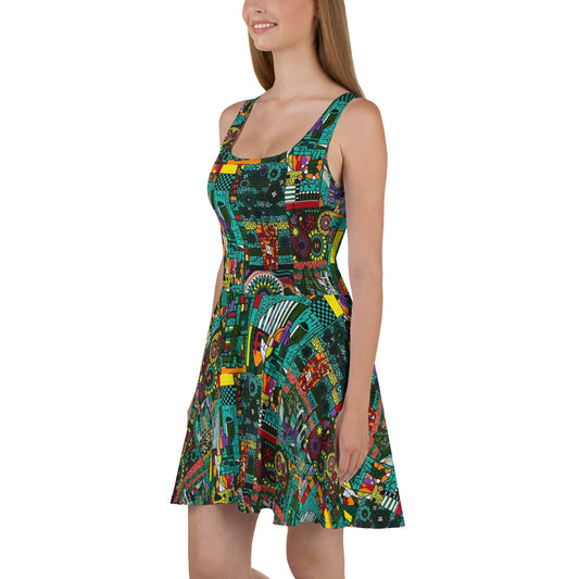 Colourful Green Plants Floral Vase Wine Glass Print Ankara Skater Dress