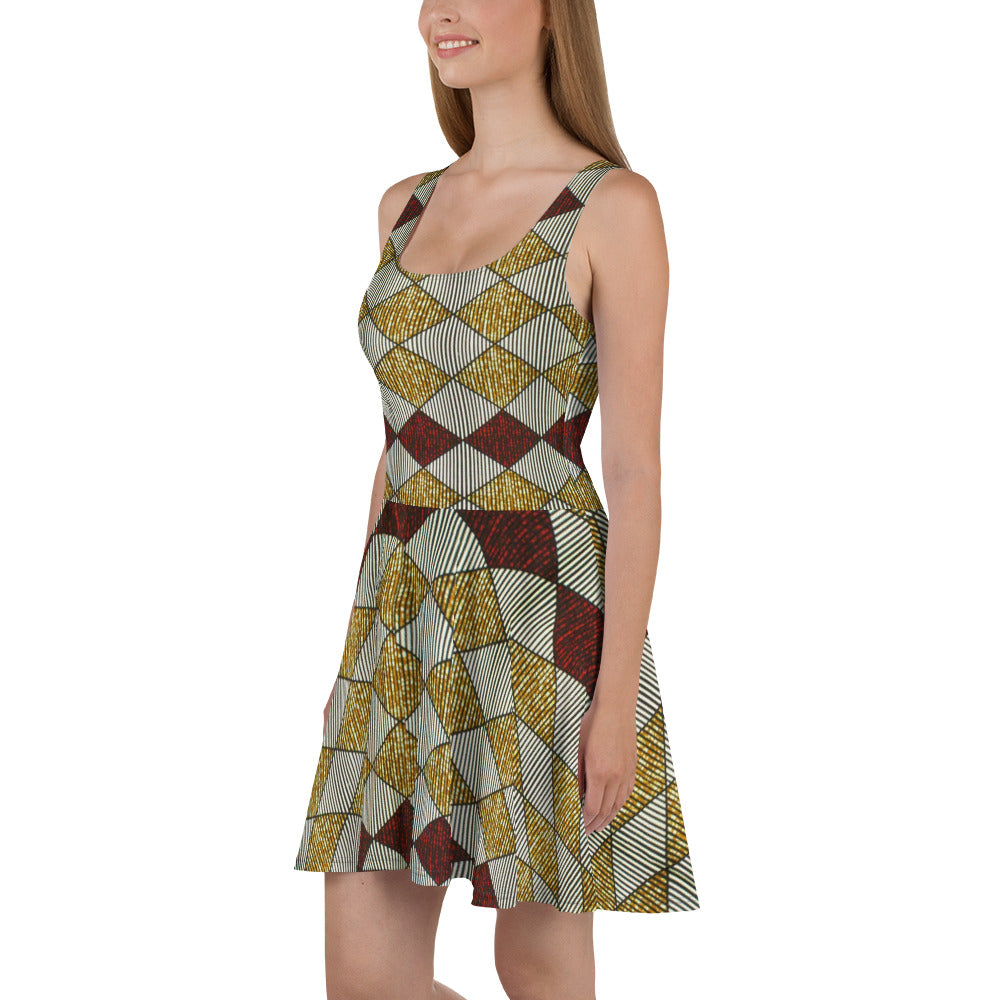 Burgundy Gold Diamond Ankara Skater Dress