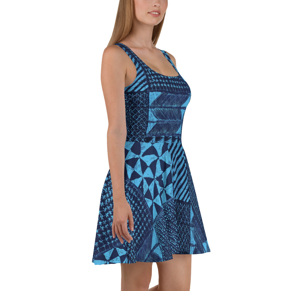 Black And Turquoise Shapes Adire Skater Dress